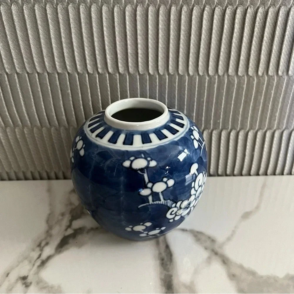 Vintage Chinoiserie Cherry Blossom Blue White Ginger Jar Floral Vase Home Decor